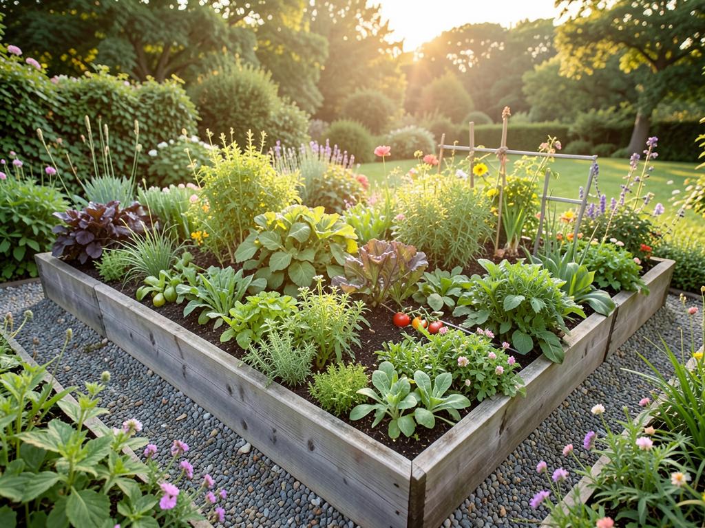 Raised garden beds with vegetables and flowers