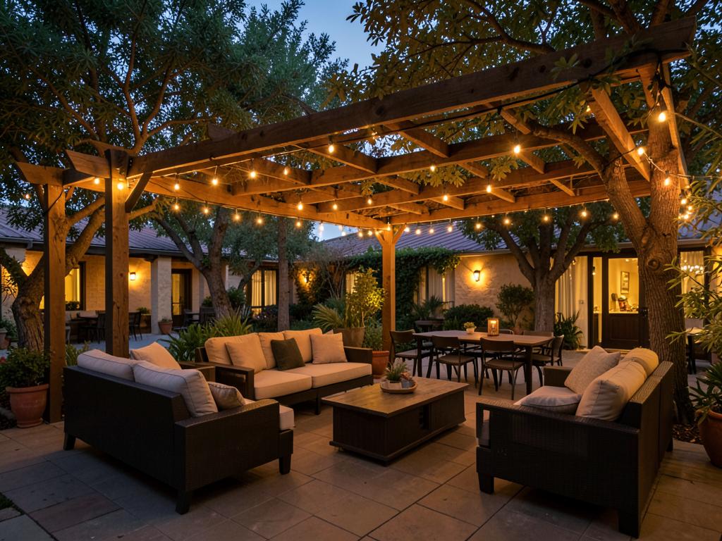 Pergola terrace with string lights