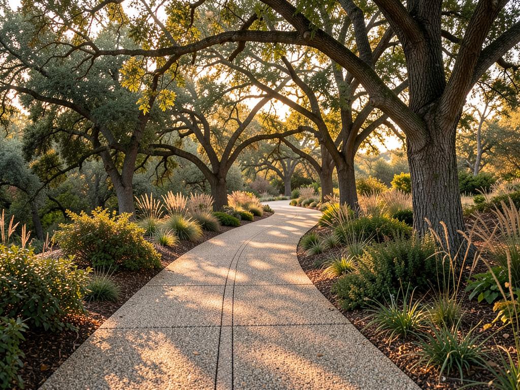 Curved path winding beneath mature trees