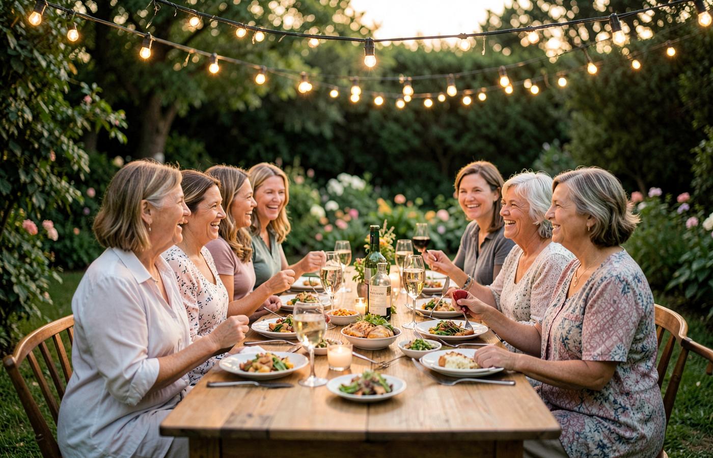 Women sharing a long outdoor dinner table under string lights